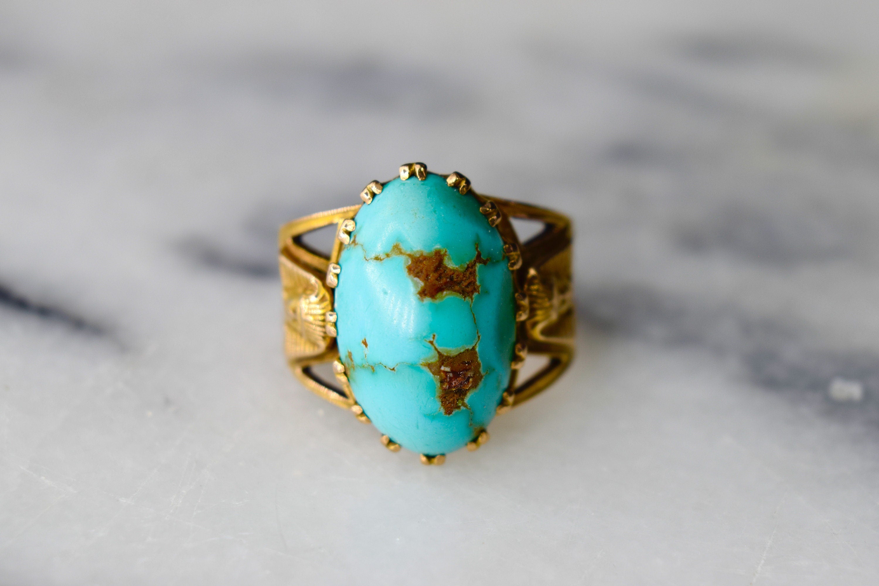 Antique Egyptian Revival 14k Gold Pharaoh Head Turquoise Ring