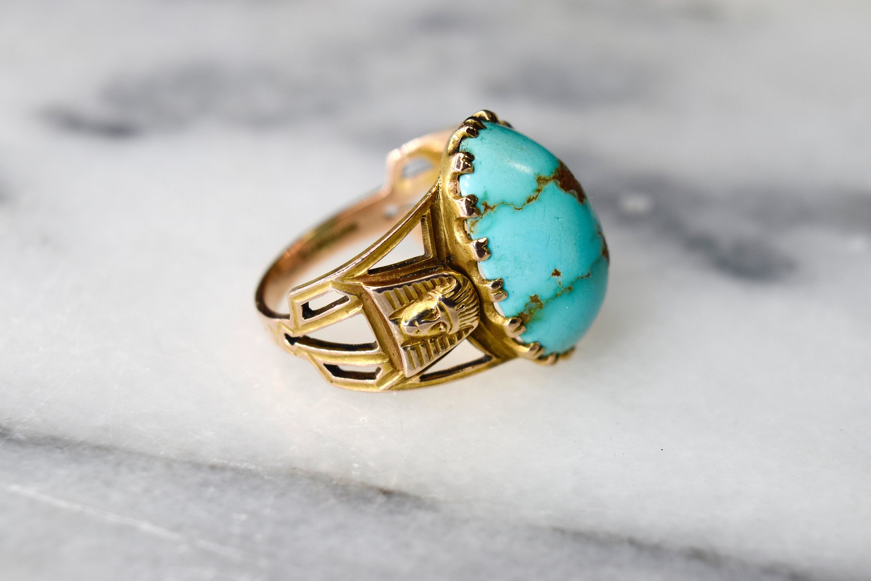 Antique Egyptian Revival 14k Gold Pharaoh Head Turquoise Ring