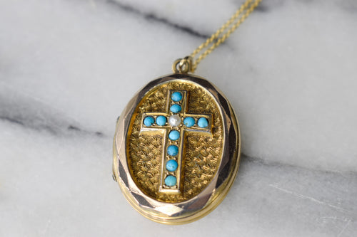 Antique 10k Gold Locket with Turquoise and Pearl Cross