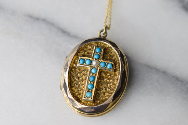 Antique 10k Gold Locket with Turquoise and Pearl Cross
