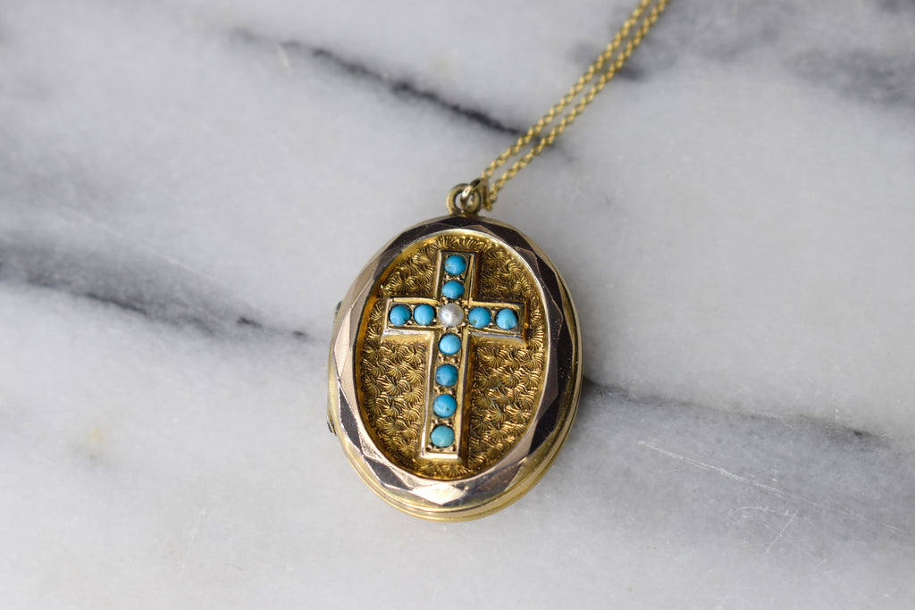 Antique 10k Gold Locket with Turquoise and Pearl Cross