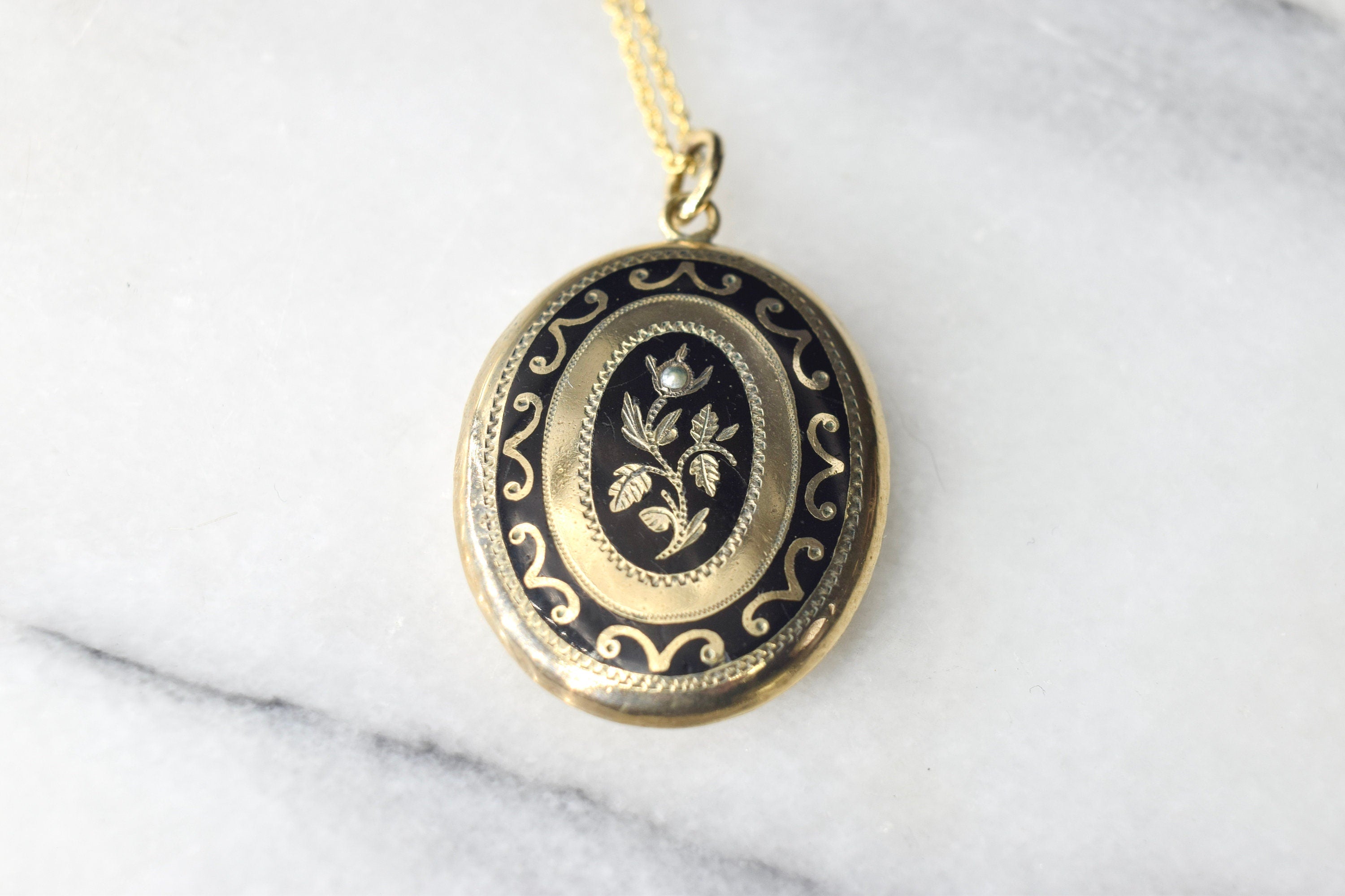 Antique Victorian Mourning Locket 14k Gold Enamel and Seed Pearl Locket
