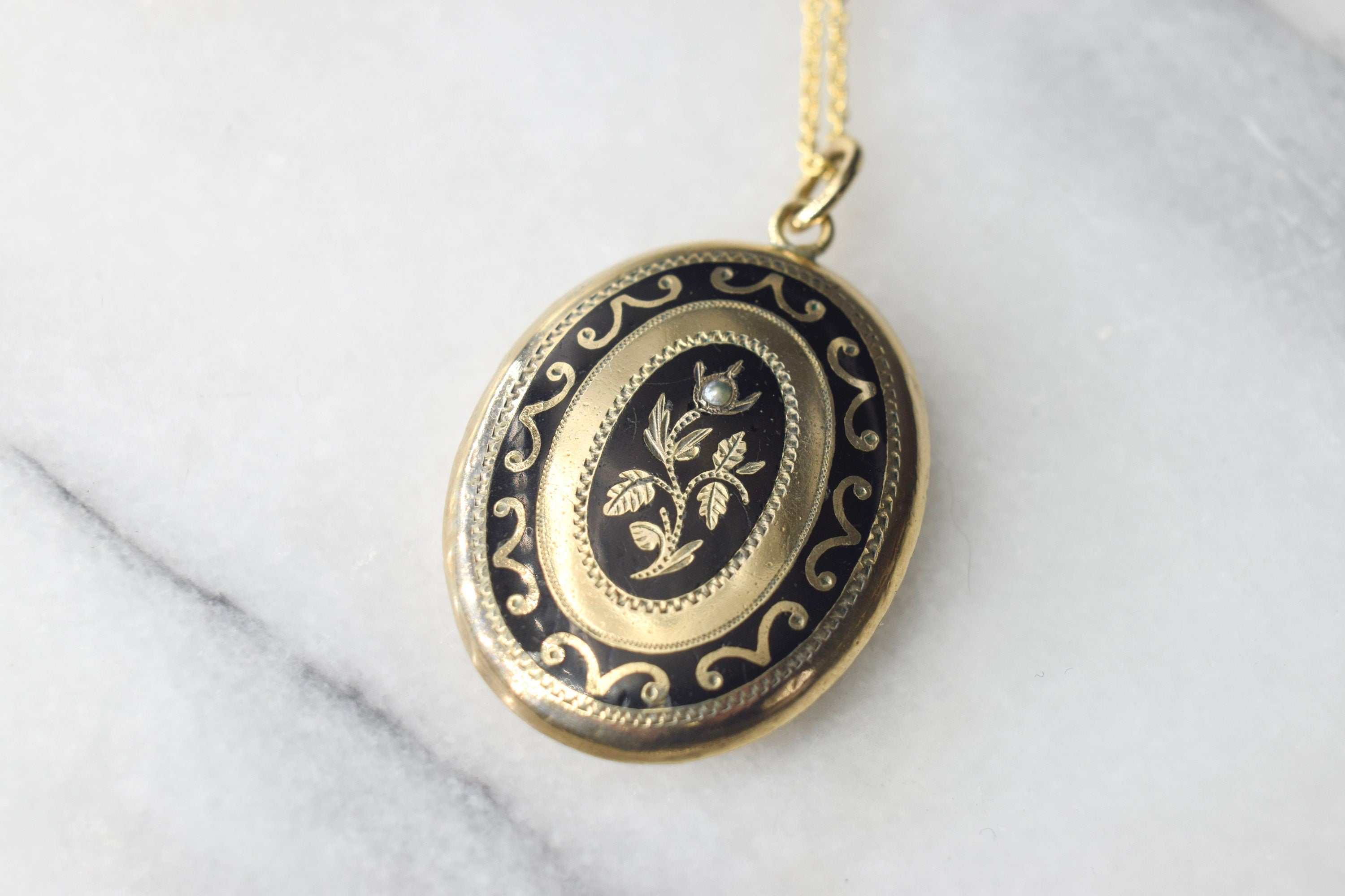 Antique Victorian Mourning Locket 14k Gold Enamel and Seed Pearl Locket