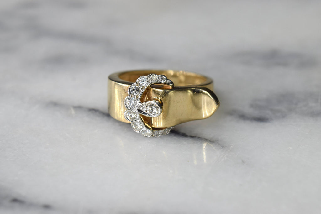 Vintage Buckle Ring 14k Gold with Diamonds c.1950s