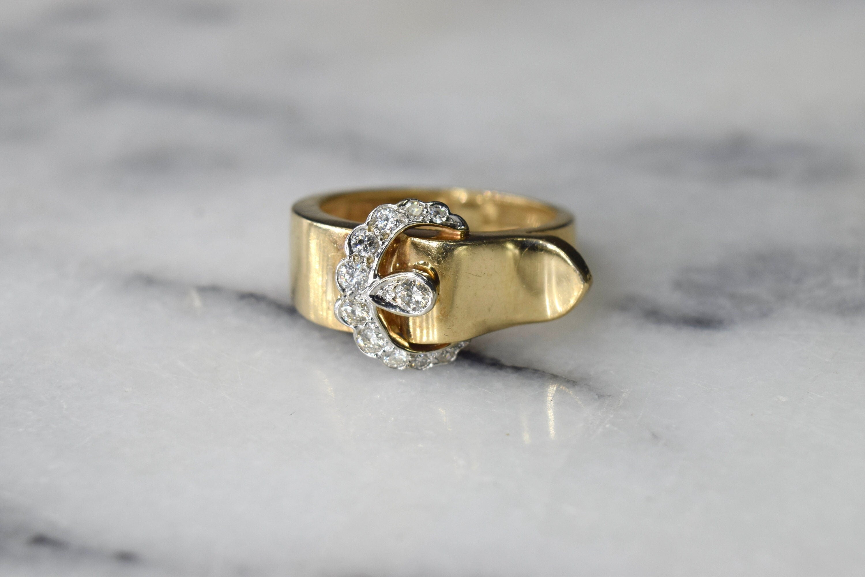 Vintage Buckle Ring 14k Gold with Diamonds c.1950s