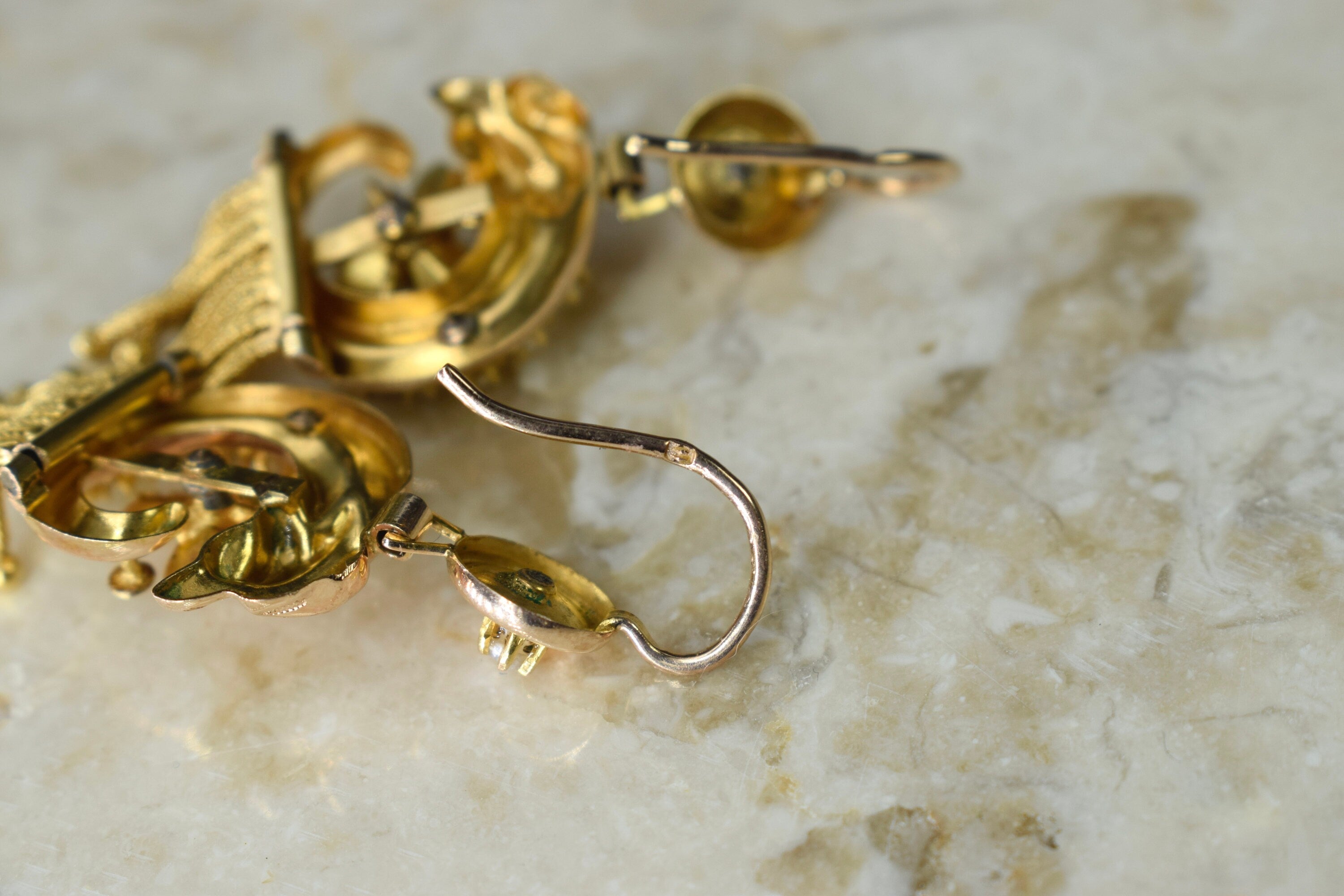 Antique Victorian 14k Gold Swan Earrings with Seed Pearls