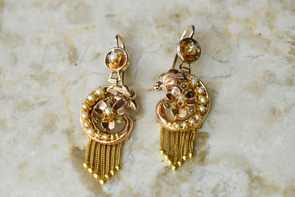 Antique Victorian 14k Gold Swan Earrings with Seed Pearls