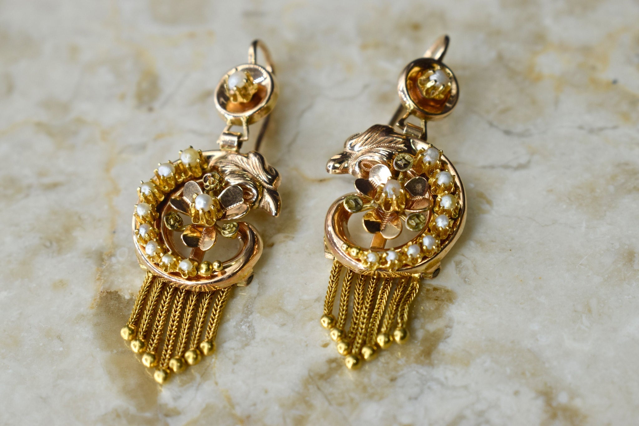 Antique Victorian 14k Gold Swan Earrings with Seed Pearls