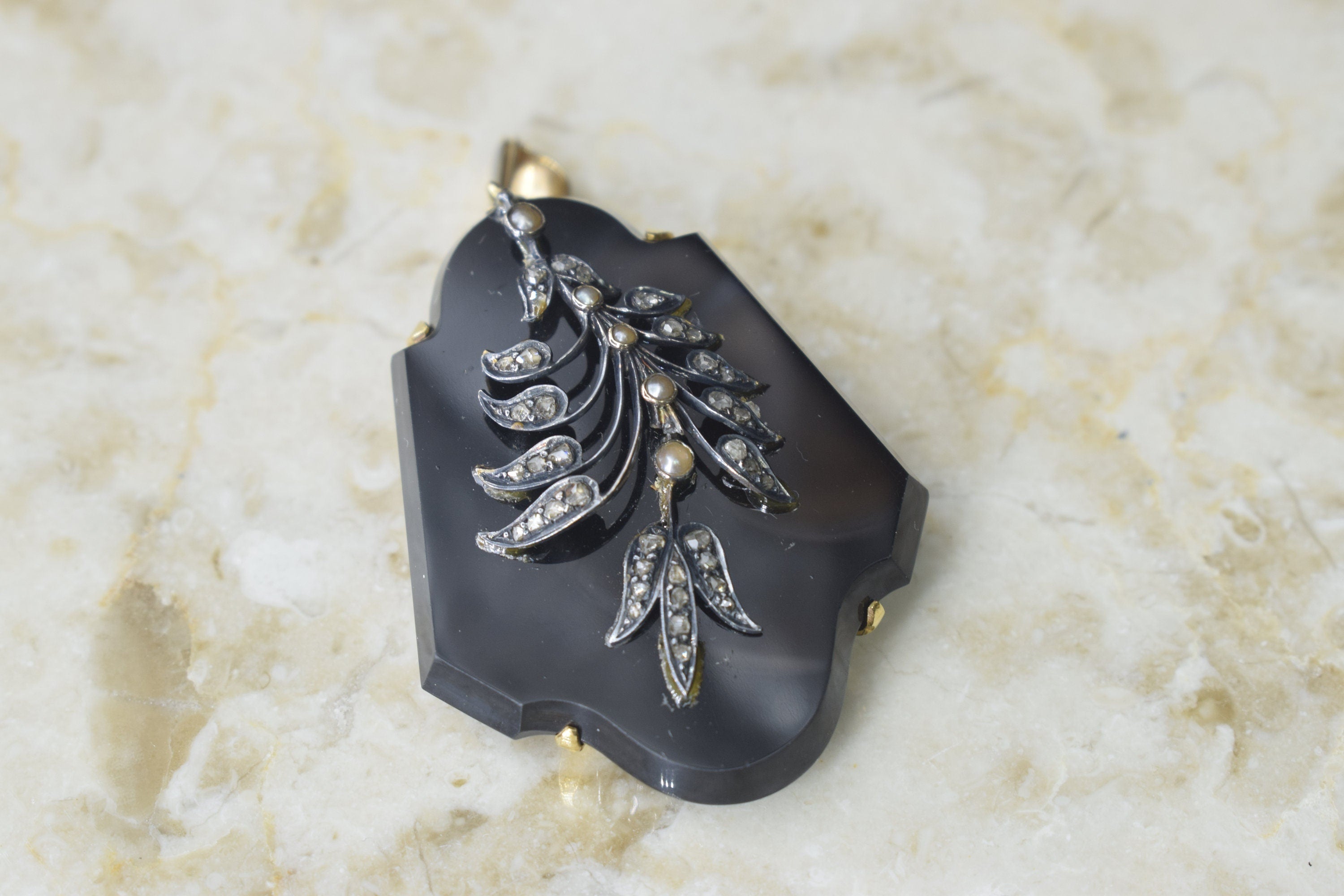 Antique Victorian Onyx Locket 18k Gold with Diamonds and Pearls c.1880s