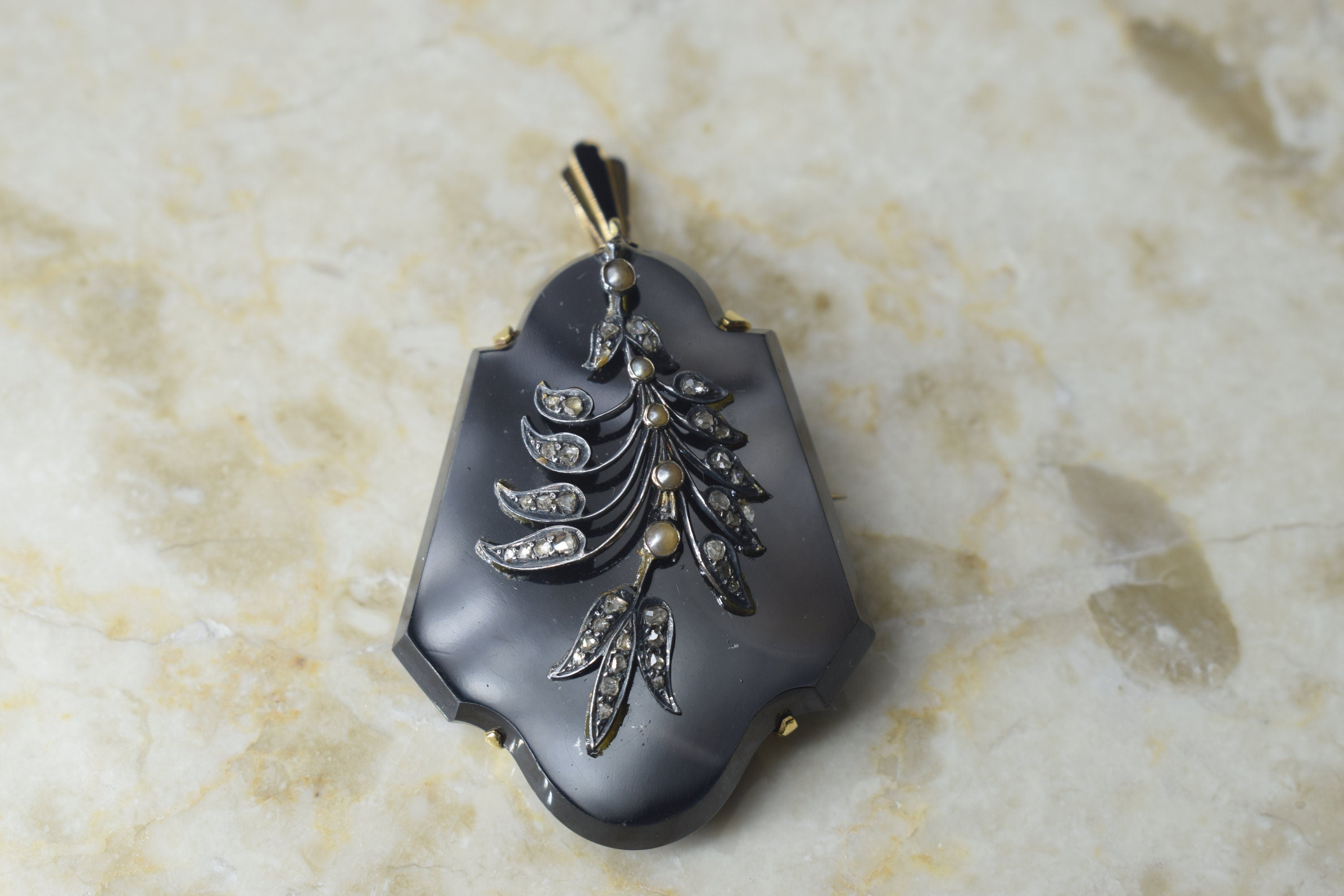 Antique Victorian Onyx Locket 18k Gold with Diamonds and Pearls c.1880s