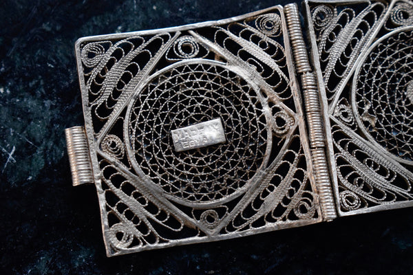 Vintage Egyptian Revival Silver Filigree Panel Bracelet c.1970s