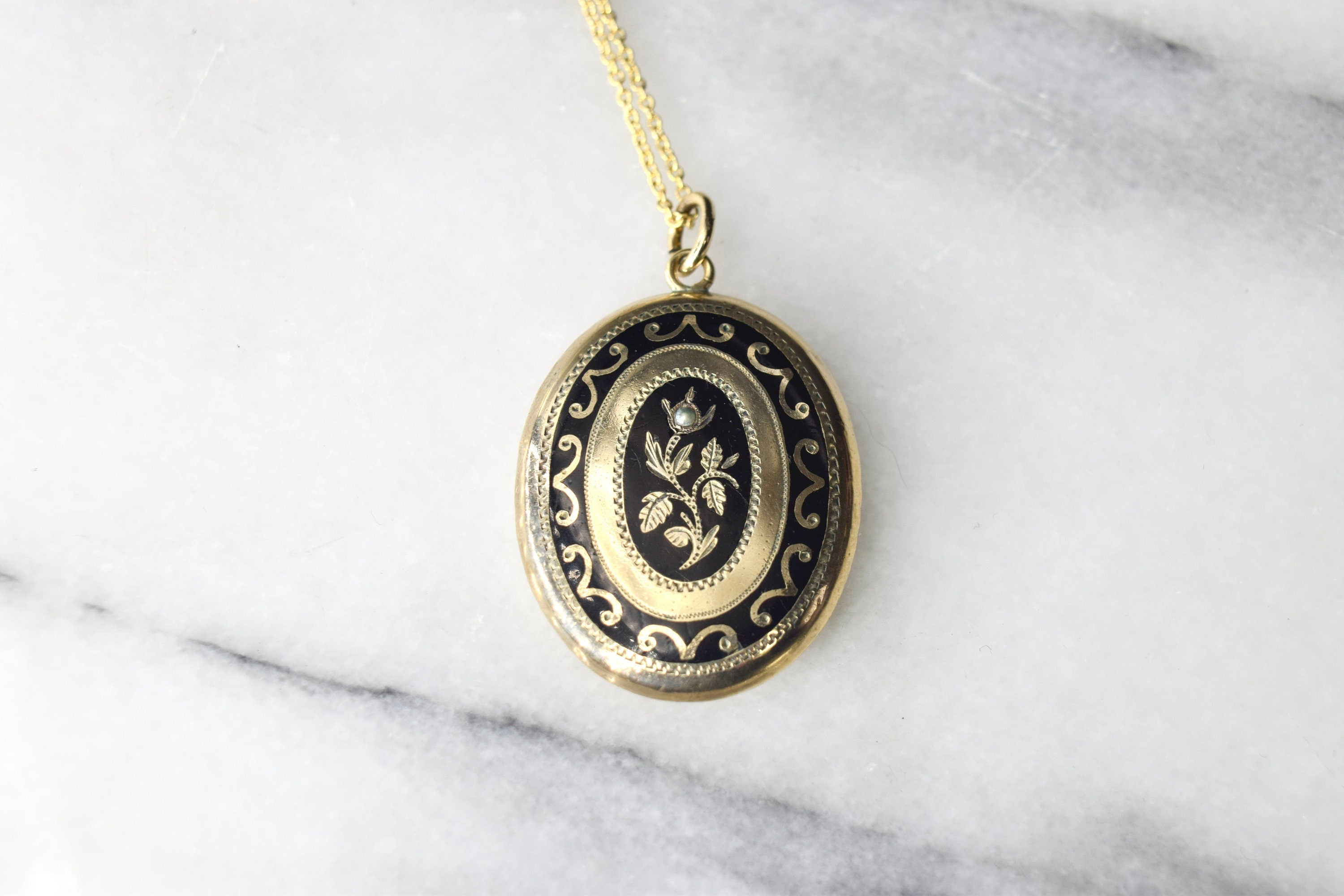 Antique Victorian Mourning Locket 14k Gold Enamel and Seed Pearl Locket