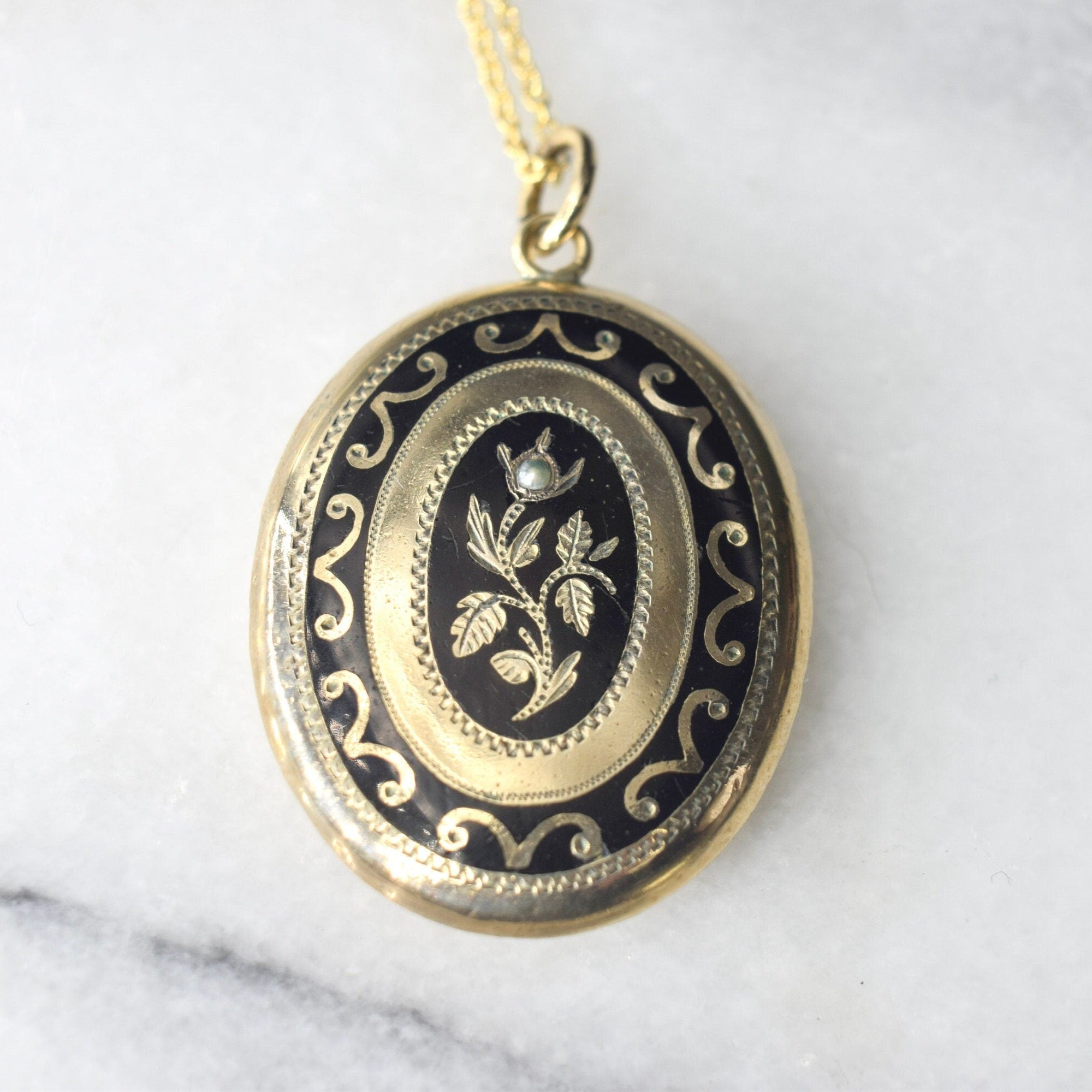Antique Victorian Mourning Locket 14k Gold Enamel and Seed Pearl Locket
