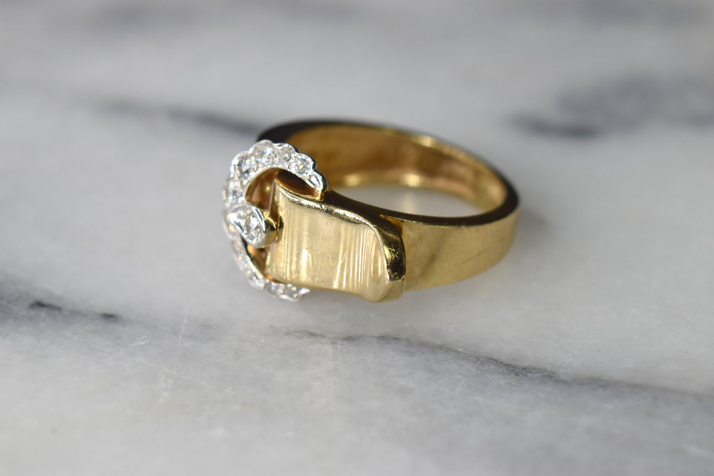 Vintage Buckle Ring 14k Gold with Diamonds c.1950s