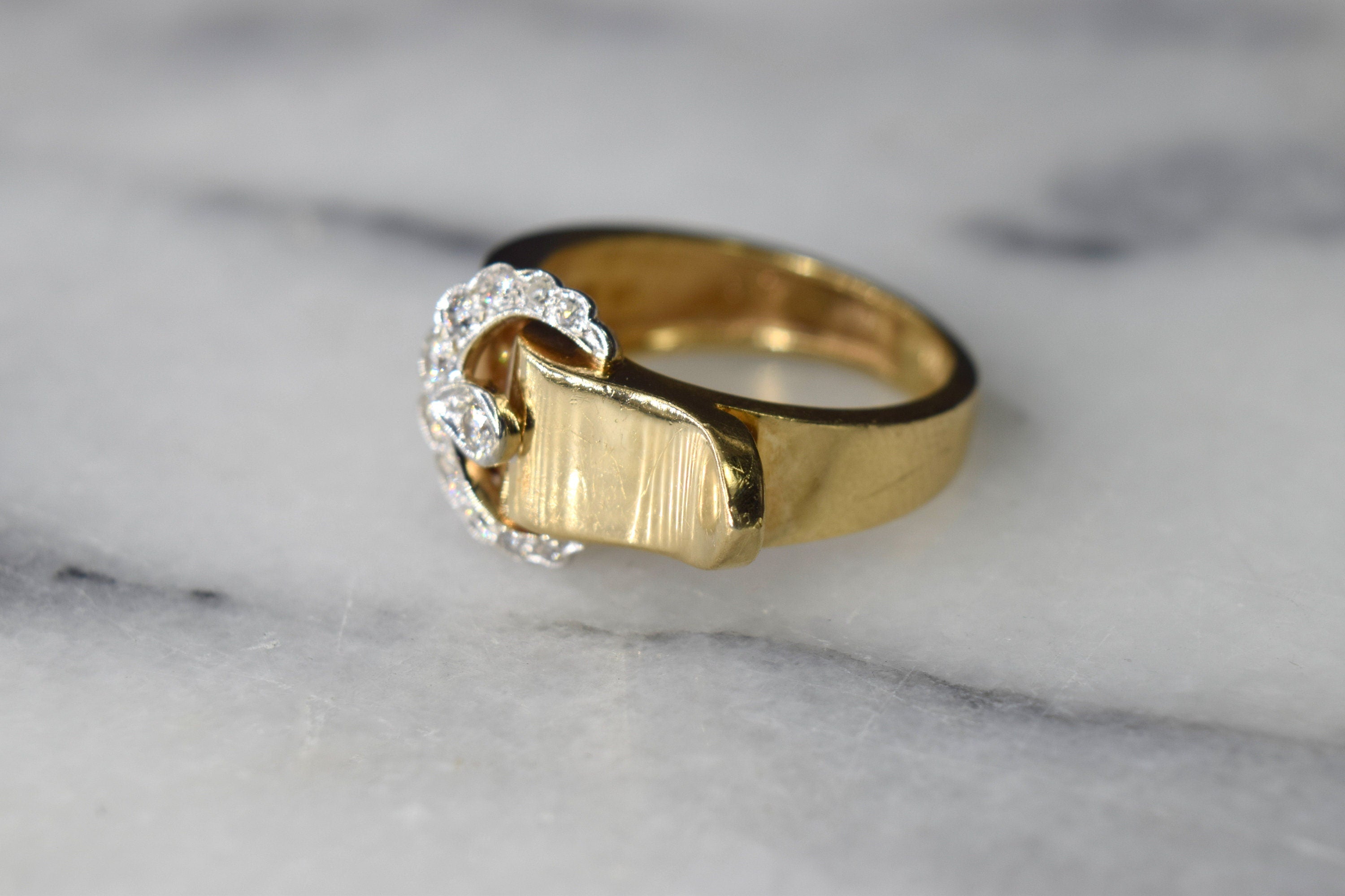 Vintage Buckle Ring 14k Gold with Diamonds c.1950s
