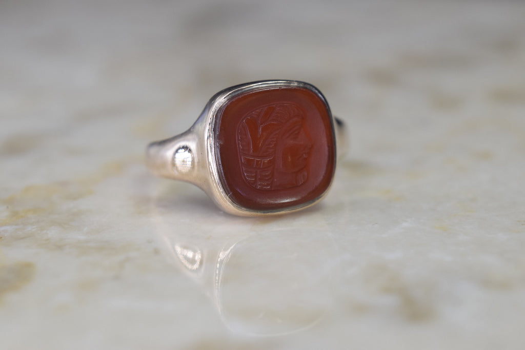 Antique Art Deco 14k Gold Carved Carnelian Egyptian Woman Cameo Ring