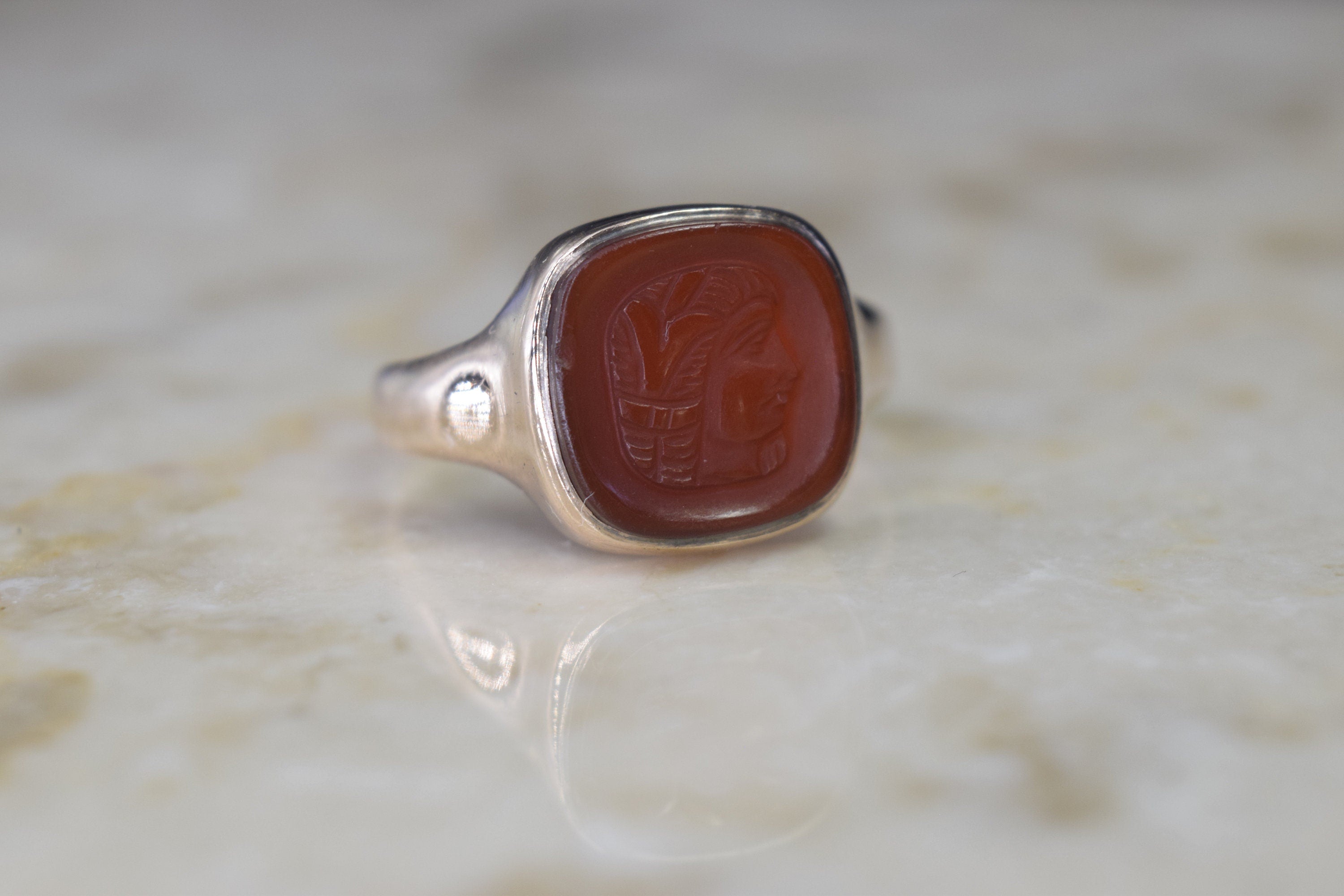 Antique Art Deco 14k Gold Carved Carnelian Egyptian Woman Cameo Ring