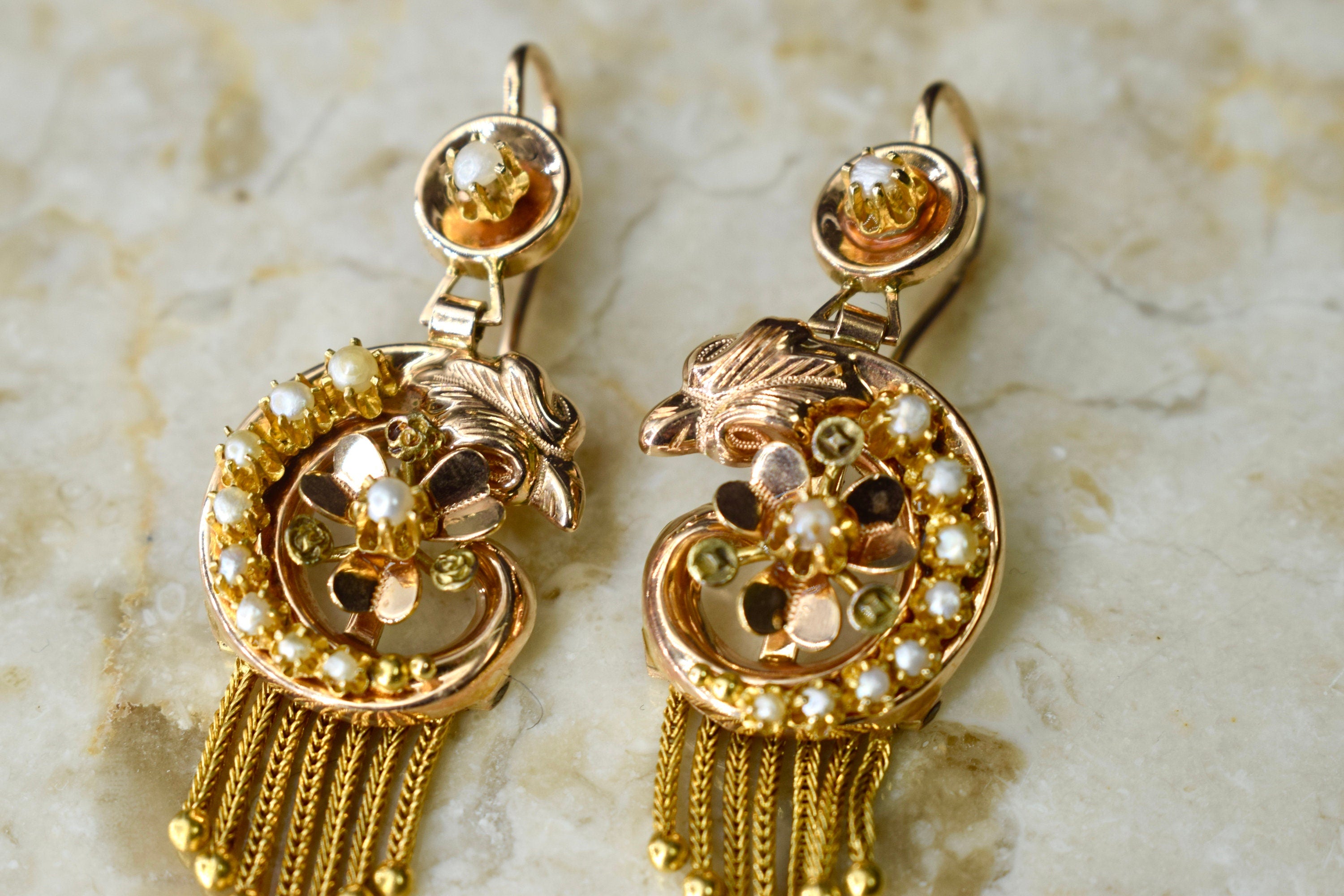 Antique Victorian 14k Gold Swan Earrings with Seed Pearls