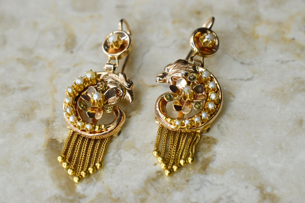 Antique Victorian 14k Gold Swan Earrings with Seed Pearls