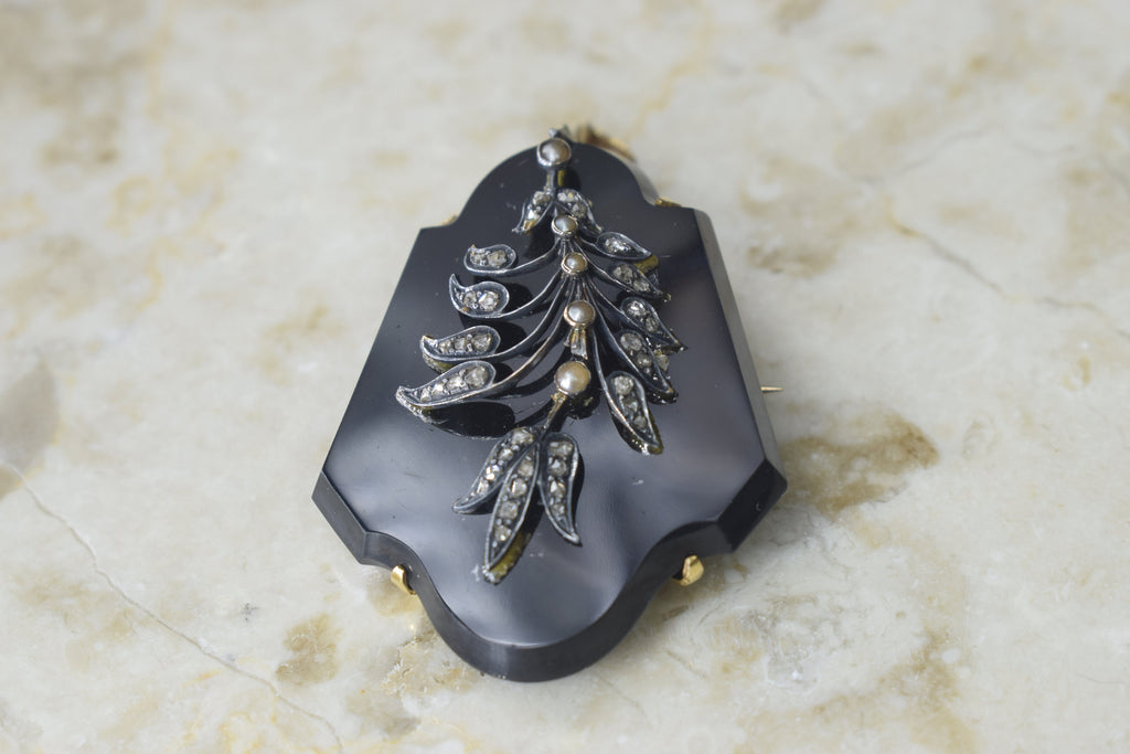 Antique Victorian Onyx Locket 18k Gold with Diamonds and Pearls c.1880s