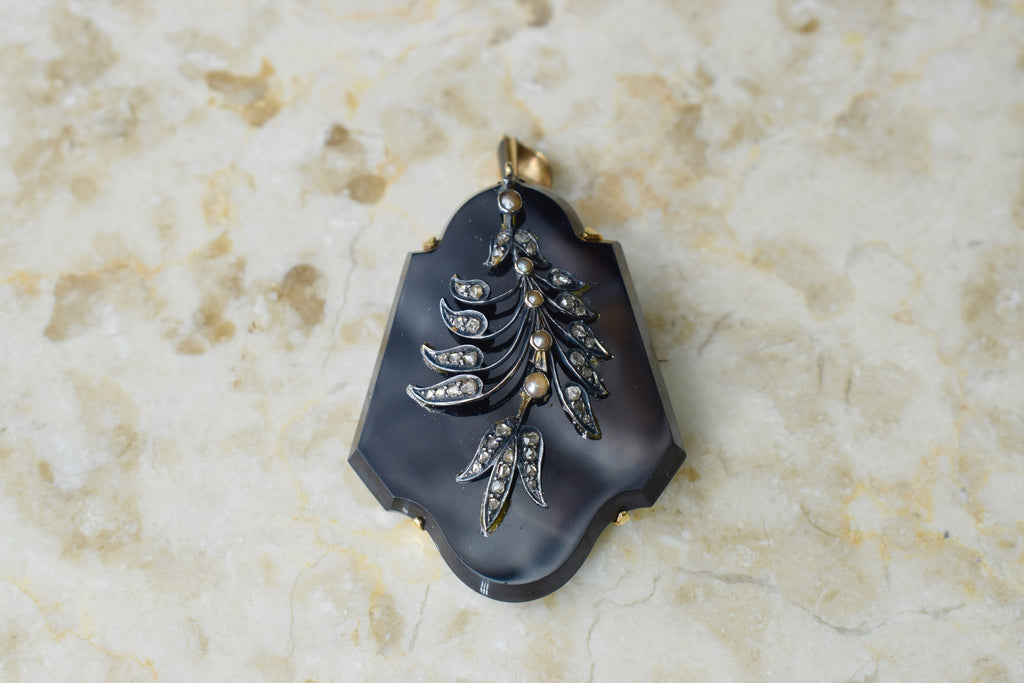 Antique Victorian Onyx Locket 18k Gold with Diamonds and Pearls c.1880s