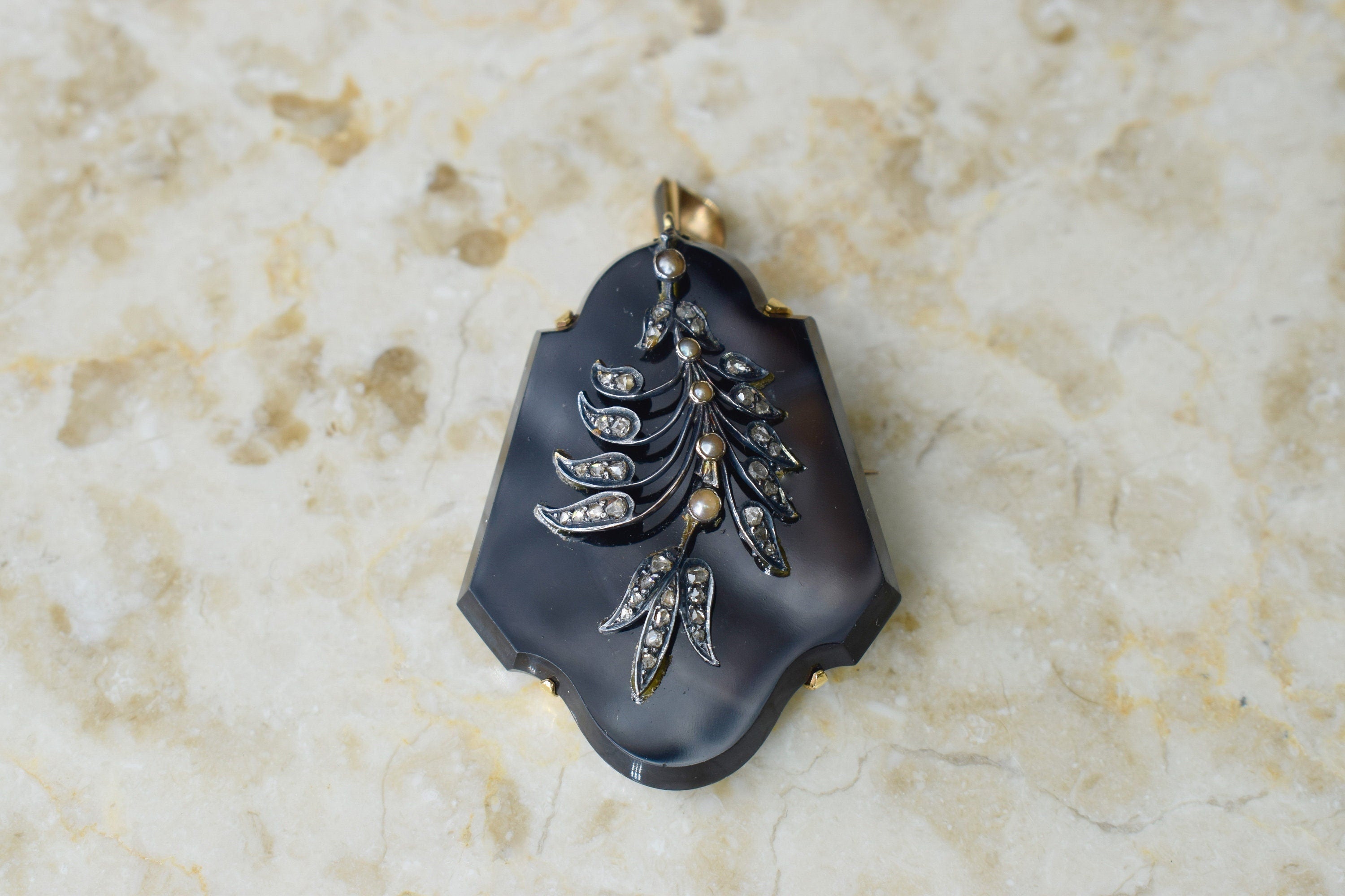 Antique Victorian Onyx Locket 18k Gold with Diamonds and Pearls c.1880s