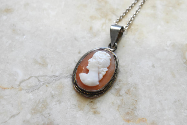 Vintage Carved Shell Cameo Sterling Silver Charm Necklace