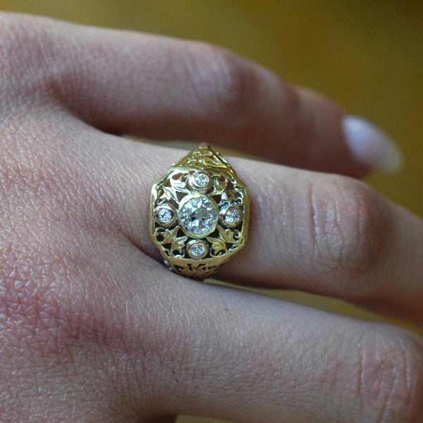 Antique 18k Gold Filigree Ring with .71 TCW Old Mine Cut Diamonds