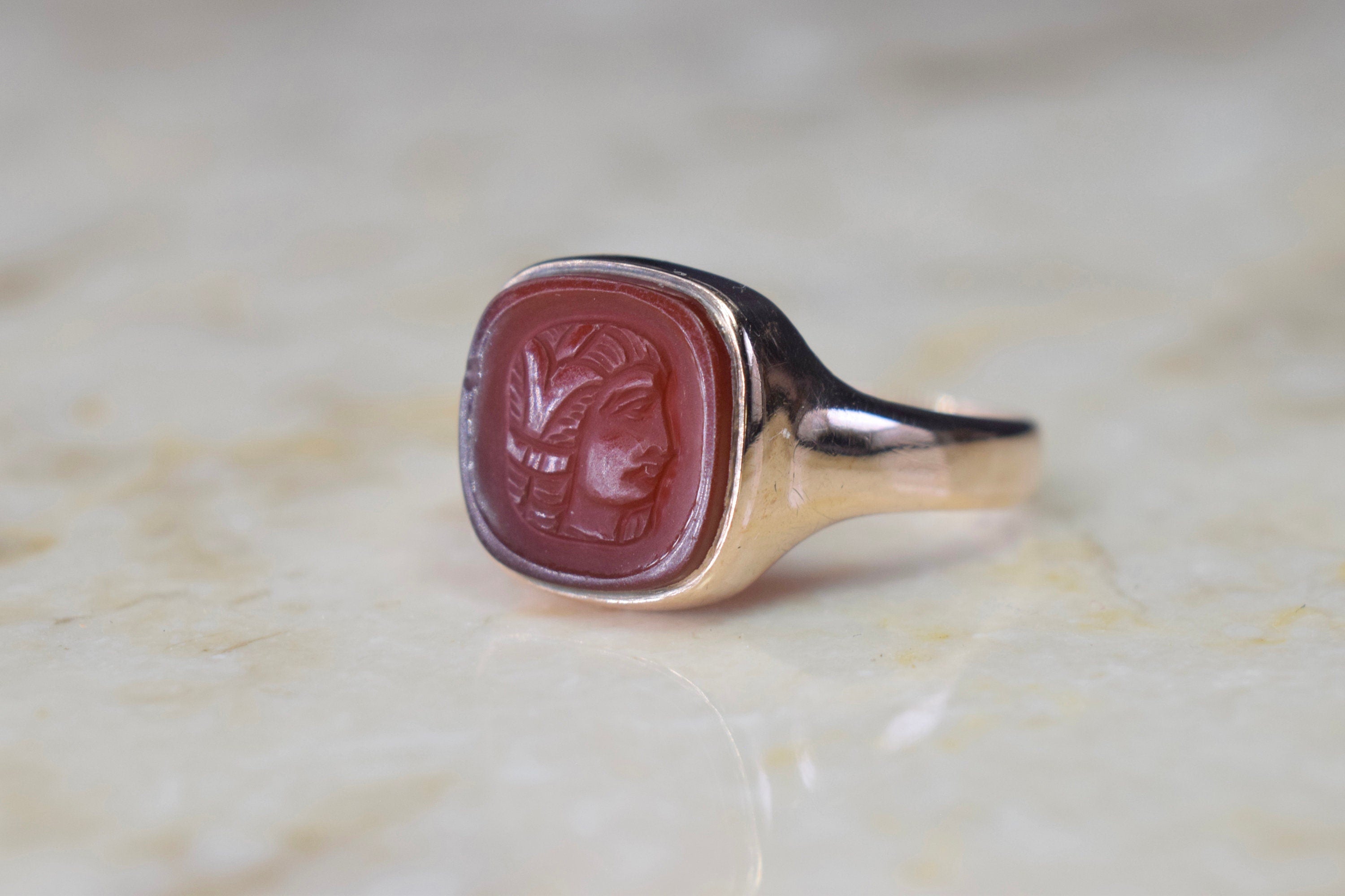 Antique Art Deco 14k Gold Carved Carnelian Egyptian Woman Cameo Ring