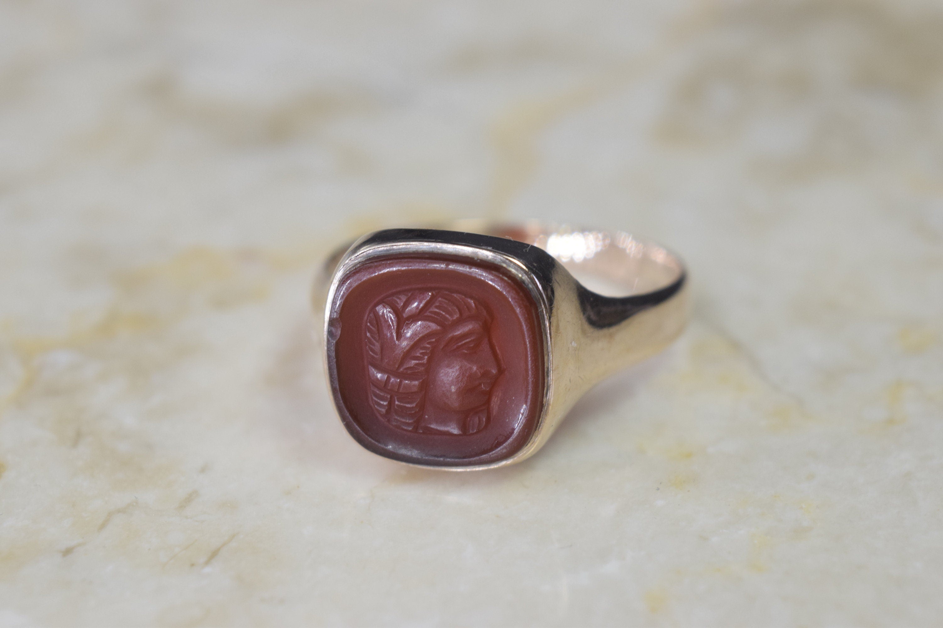 Antique Art Deco 14k Gold Carved Carnelian Egyptian Woman Cameo Ring