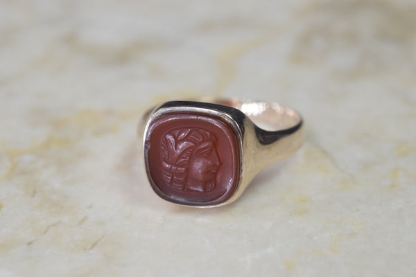 Antique Victorian 14k Gold Carved Carnelian Egyptian Woman Cameo Ring