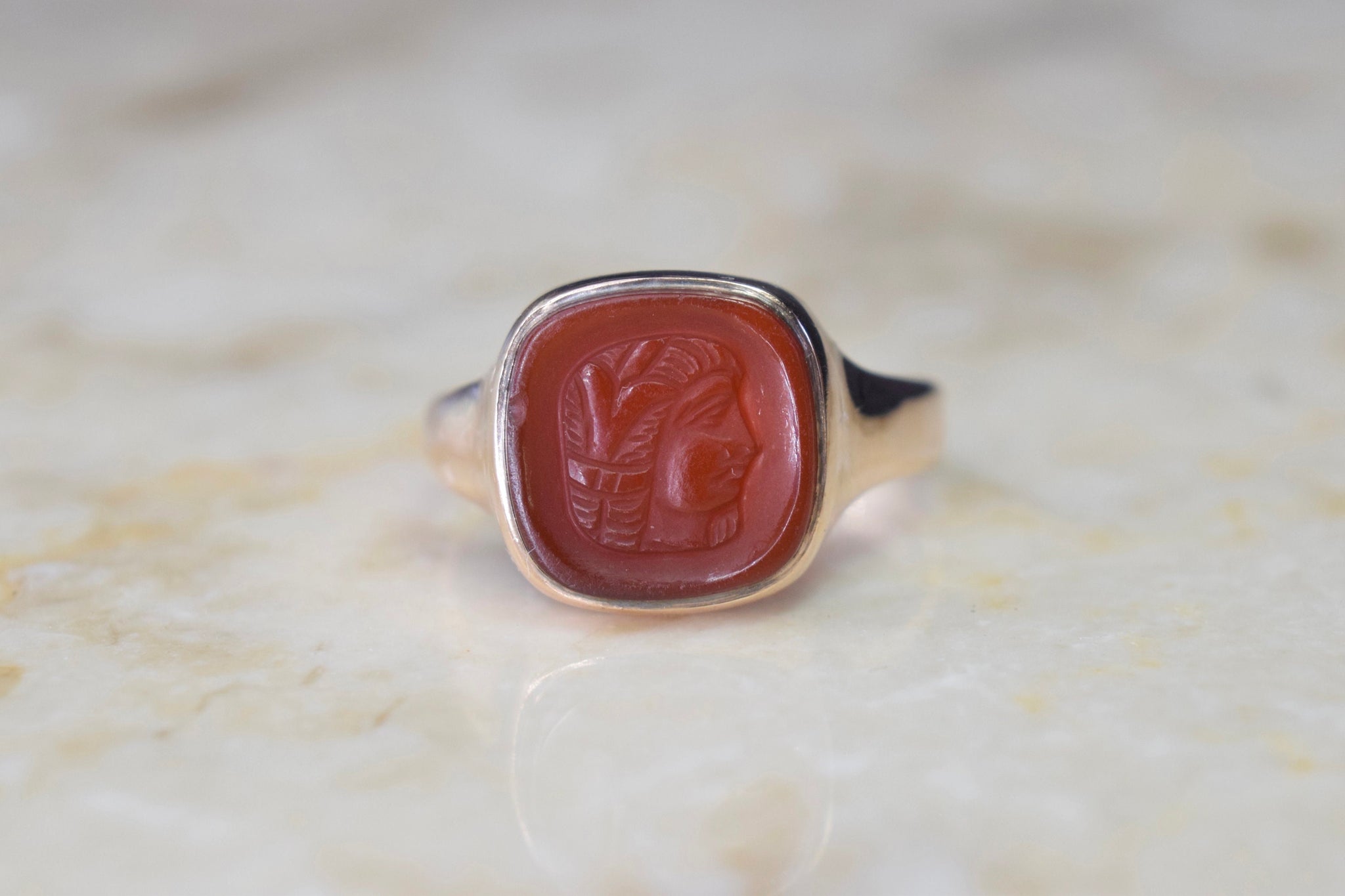 Antique Art Deco 14k Gold Carved Carnelian Egyptian Woman Cameo Ring