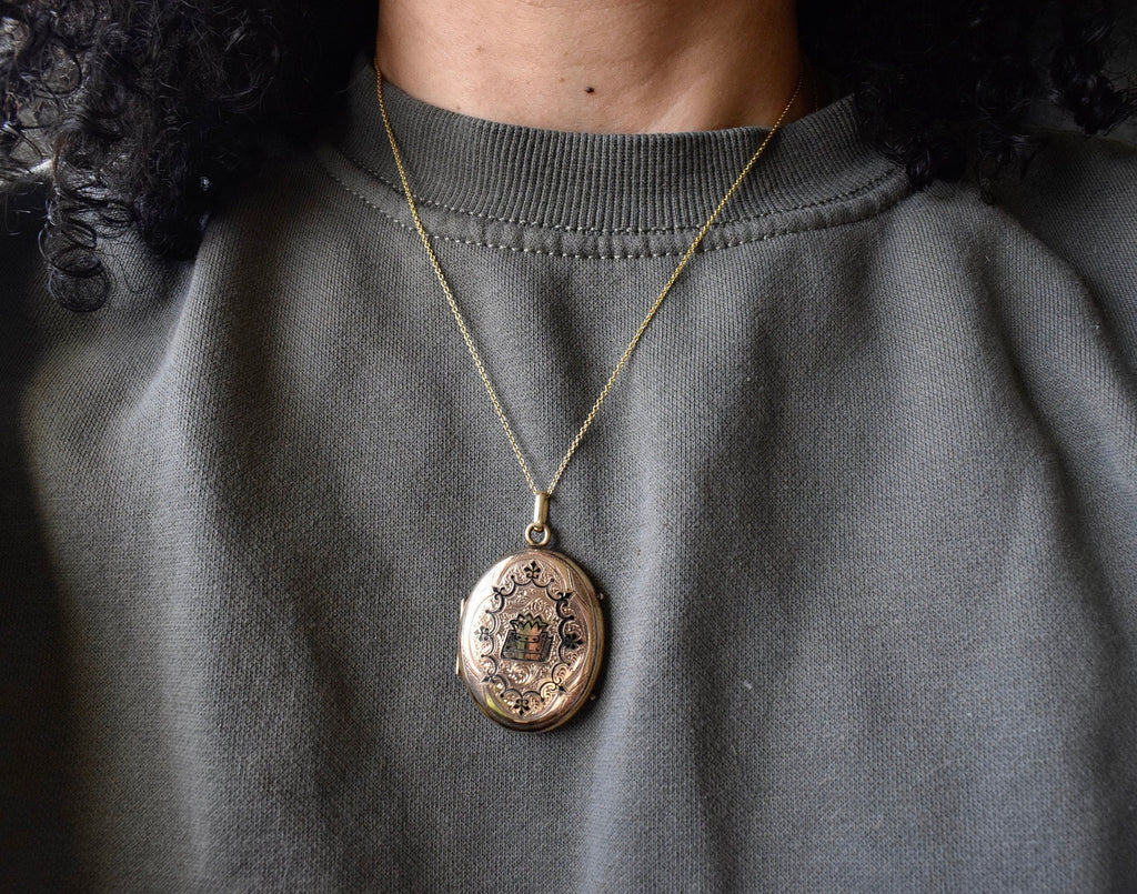 Antique Victorian 14k Gold Locket with Enamel Crown on Book