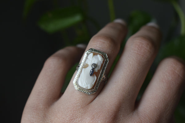Antique Art Deco 14k White Gold Flapper Cameo Ring with Diamond and Sapphire Earring