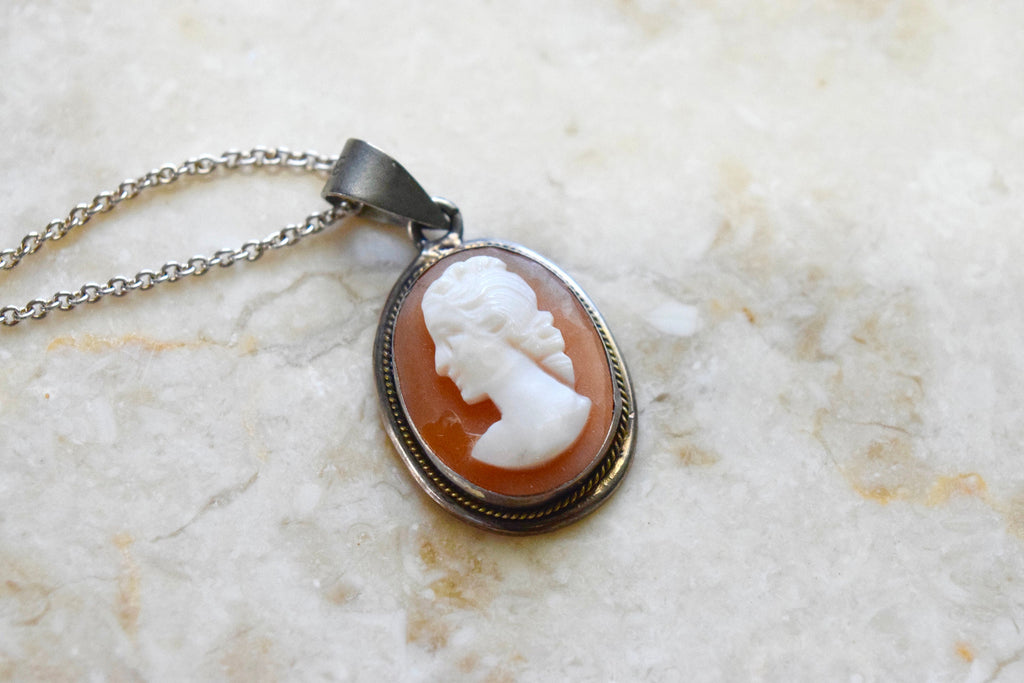 Vintage Carved Shell Cameo Sterling Silver Charm Necklace