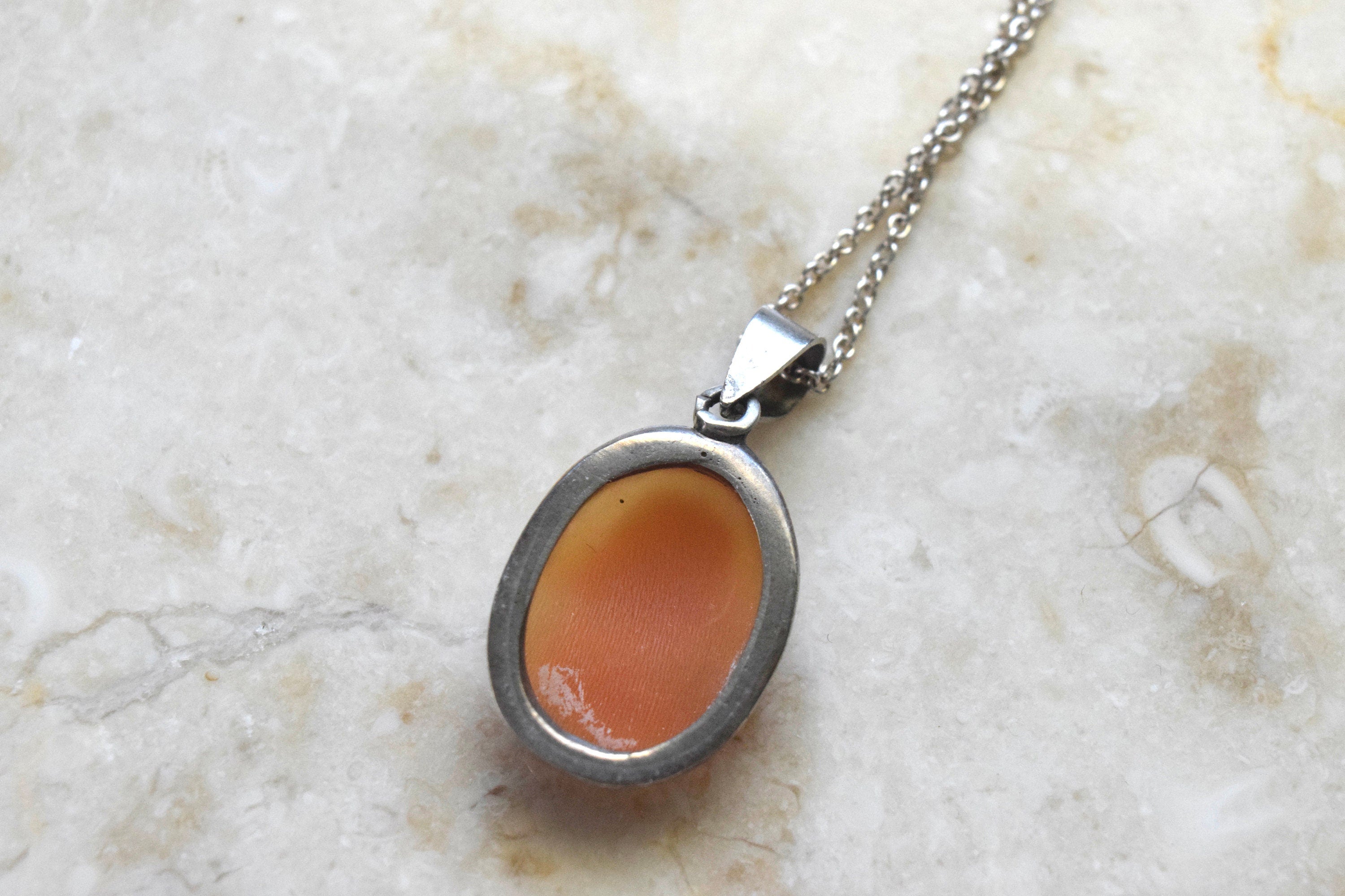 Vintage Carved Shell Cameo Sterling Silver Charm Necklace