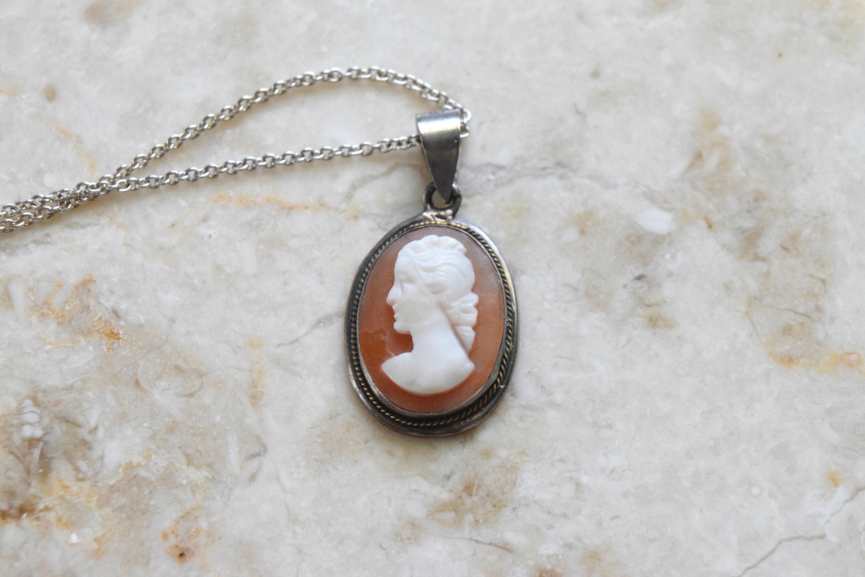 Vintage Carved Shell Cameo Sterling Silver Charm Necklace