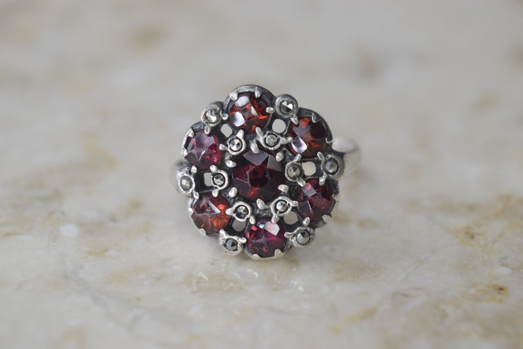 Antique Garnet And Marcasite Silver Ring c.1920s