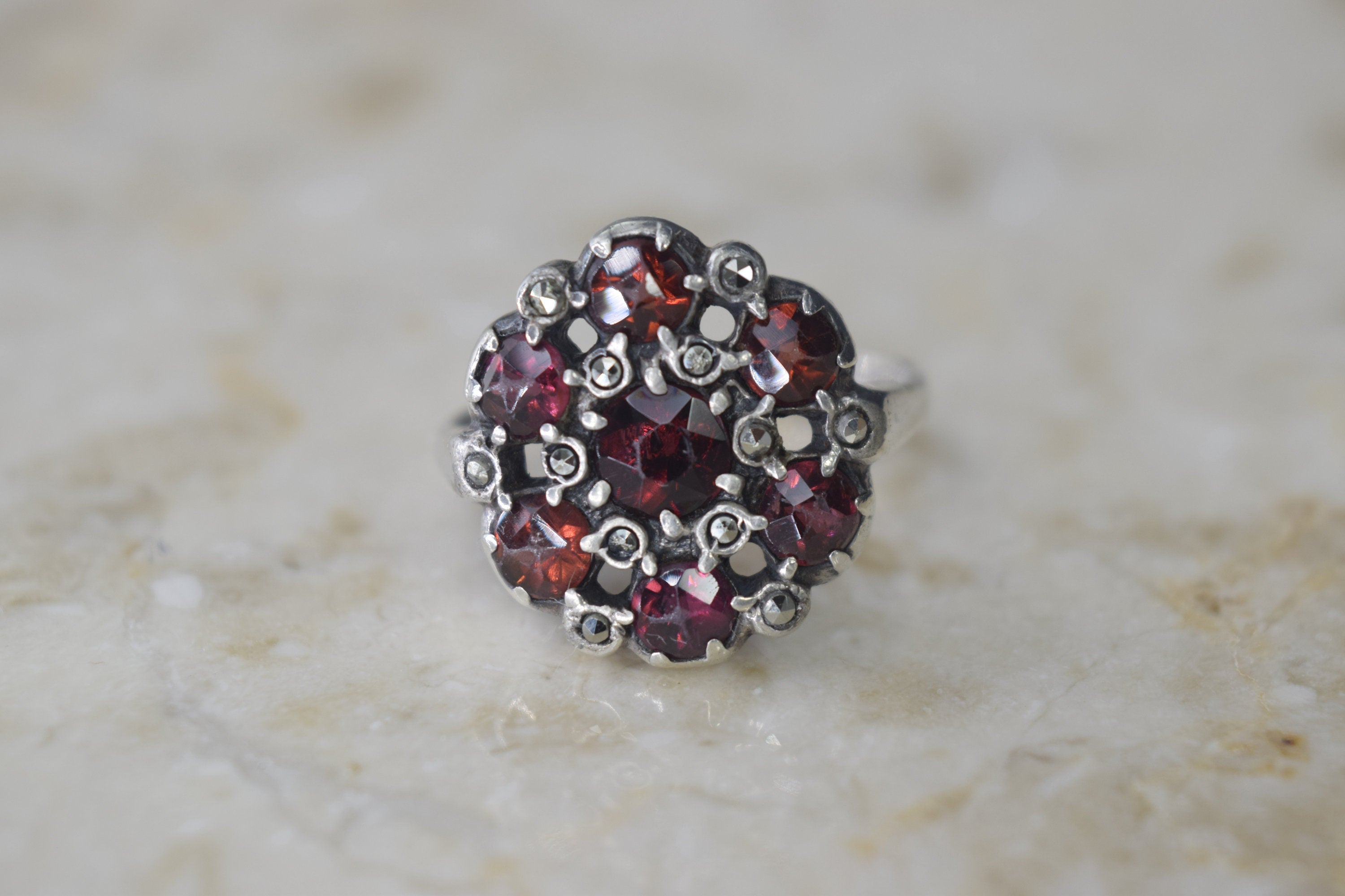 Antique Garnet And Marcasite Silver Ring c.1920s