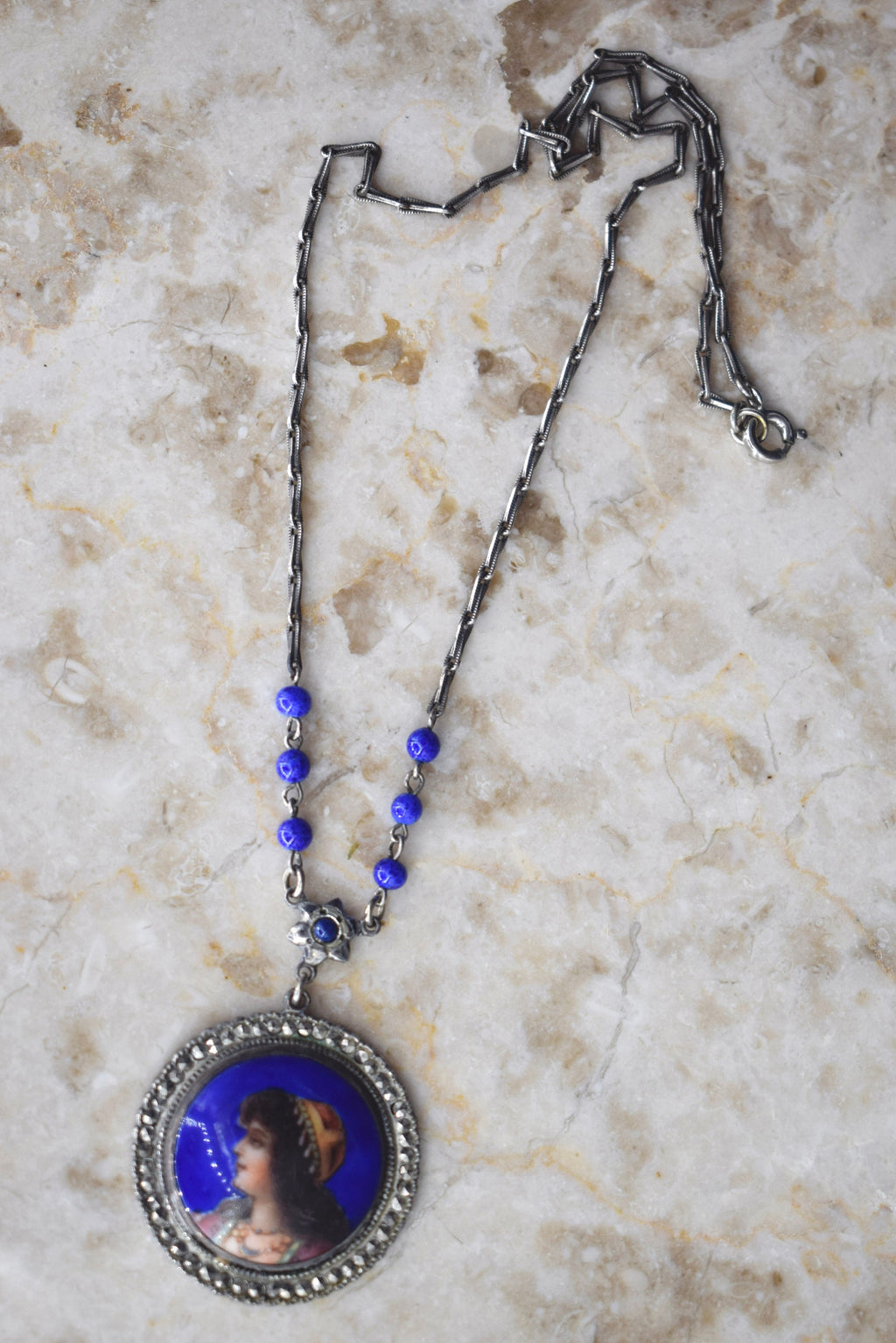 Antique Egyptian Enamel Portrait Necklace Silver with Cut Steel
