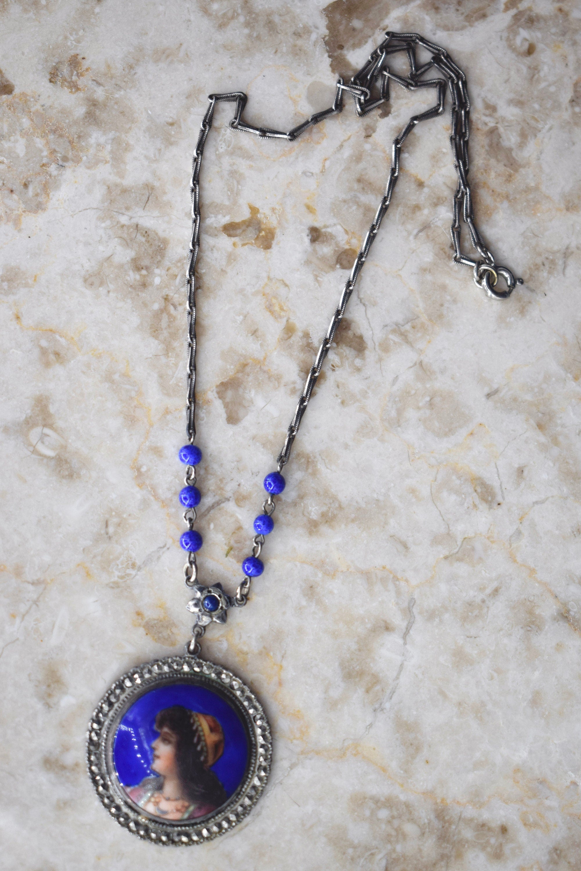 Antique Egyptian Enamel Portrait Necklace Silver with Cut Steel