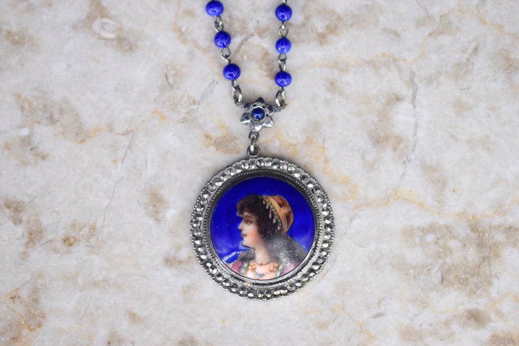 Antique Egyptian Enamel Portrait Necklace Silver with Cut Steel