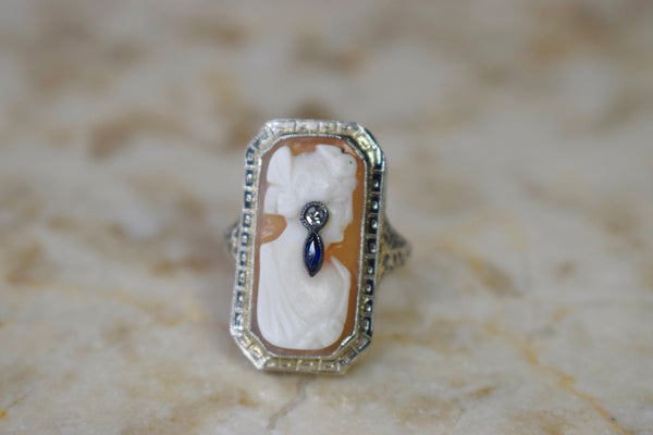 Antique Art Deco 14k White Gold Flapper Cameo Ring with Diamond and Sapphire Earring
