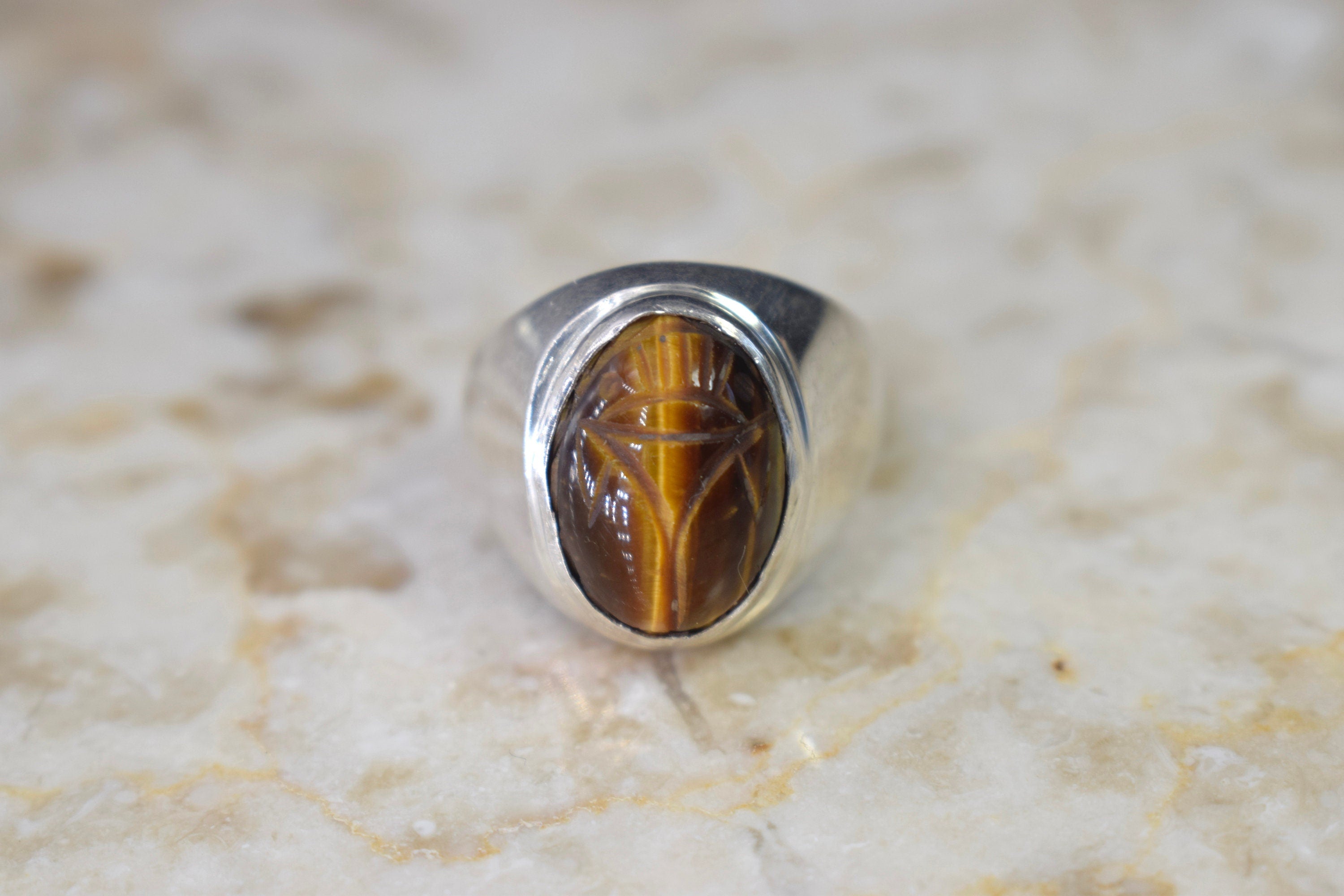 Vintage Sterling Silver Tigers Eye Scarab Ring