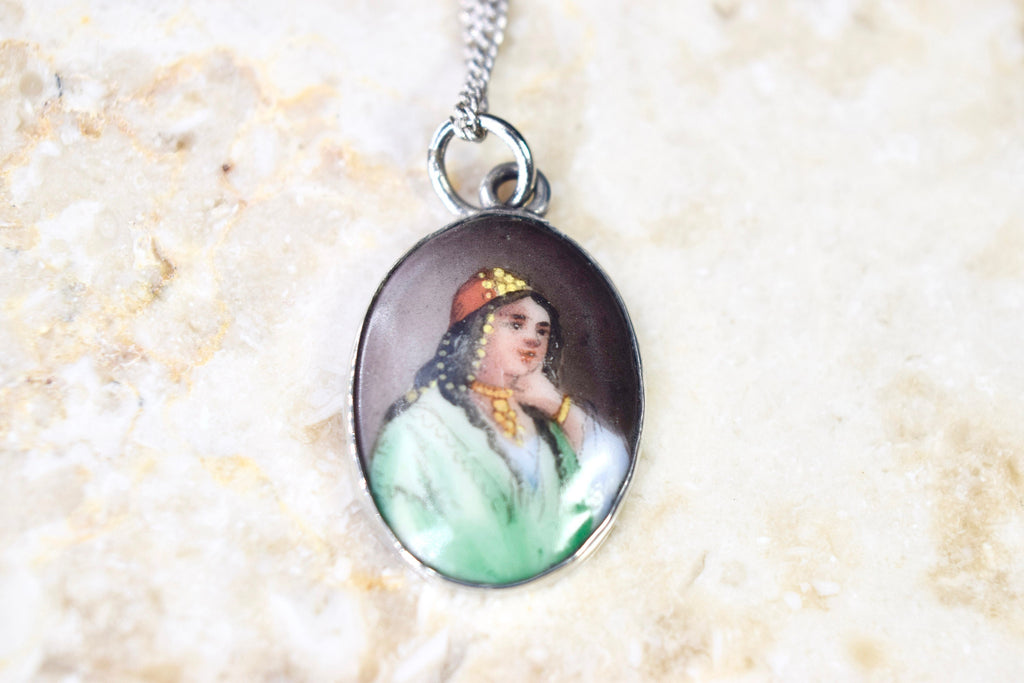 Antique Ceramic Egyptian Woman Painted Portrait c.1900