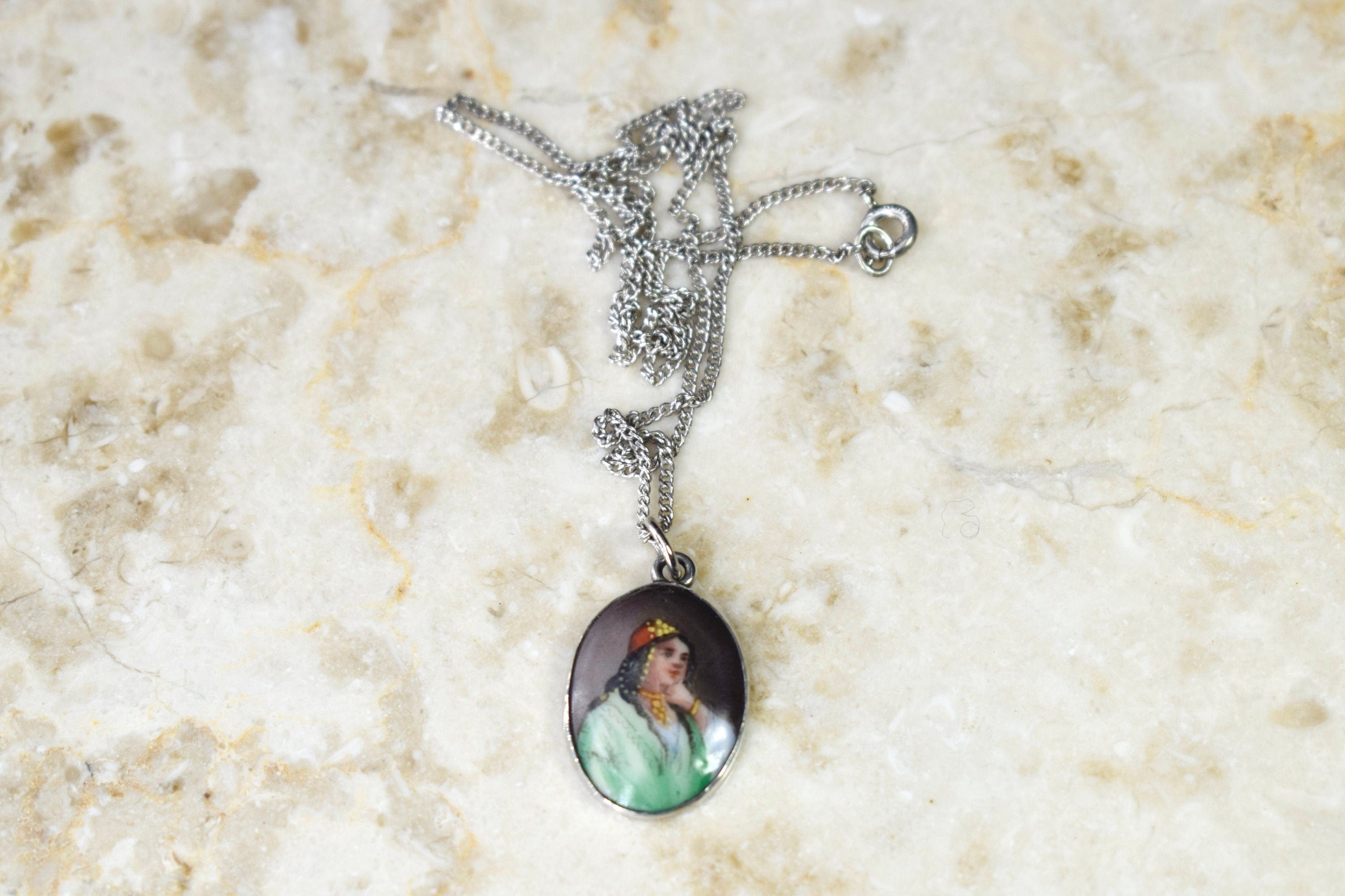 Antique Ceramic Egyptian Woman Painted Portrait c.1900