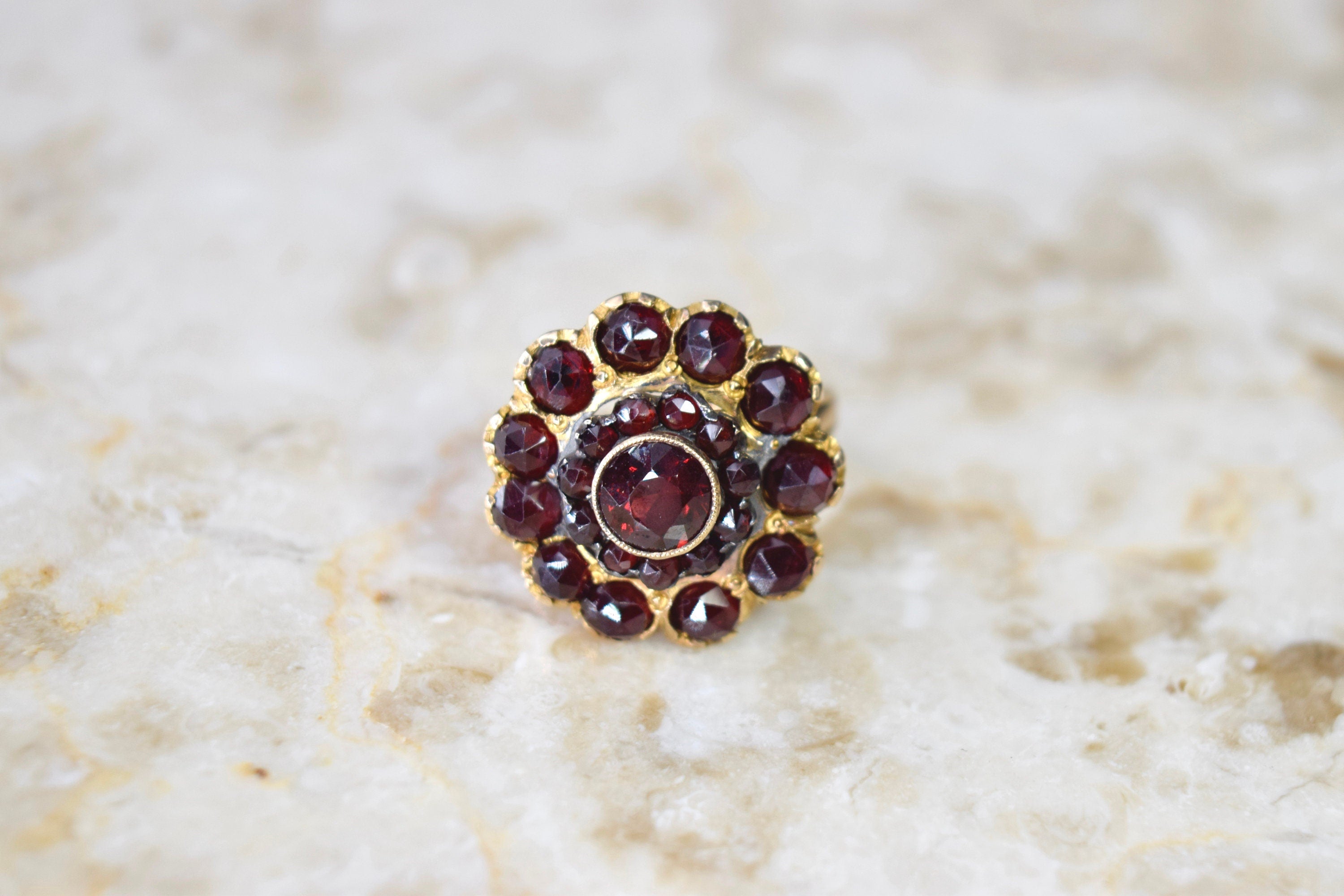 Antique Victorian 12k Gold Garnet Cluster Ring
