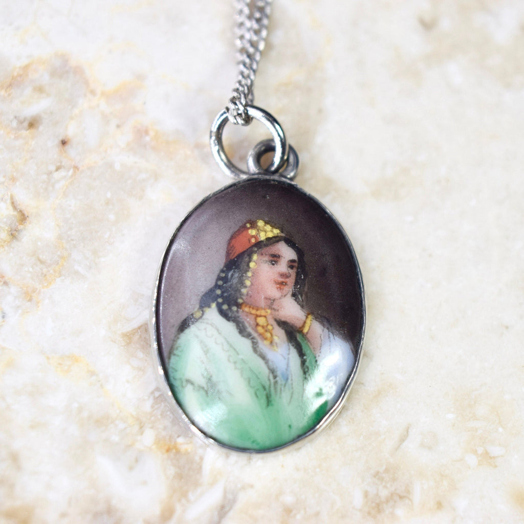 Antique Ceramic Egyptian Woman Painted Portrait c.1900