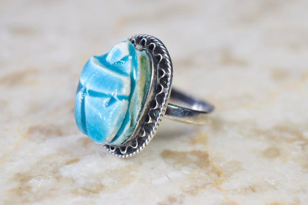 Vintage Egyptian Revival Faience Scarab Ring