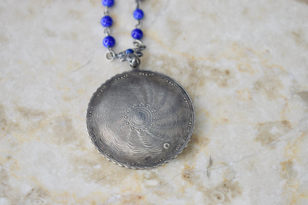 Antique Egyptian Enamel Portrait Necklace Silver with Cut Steel